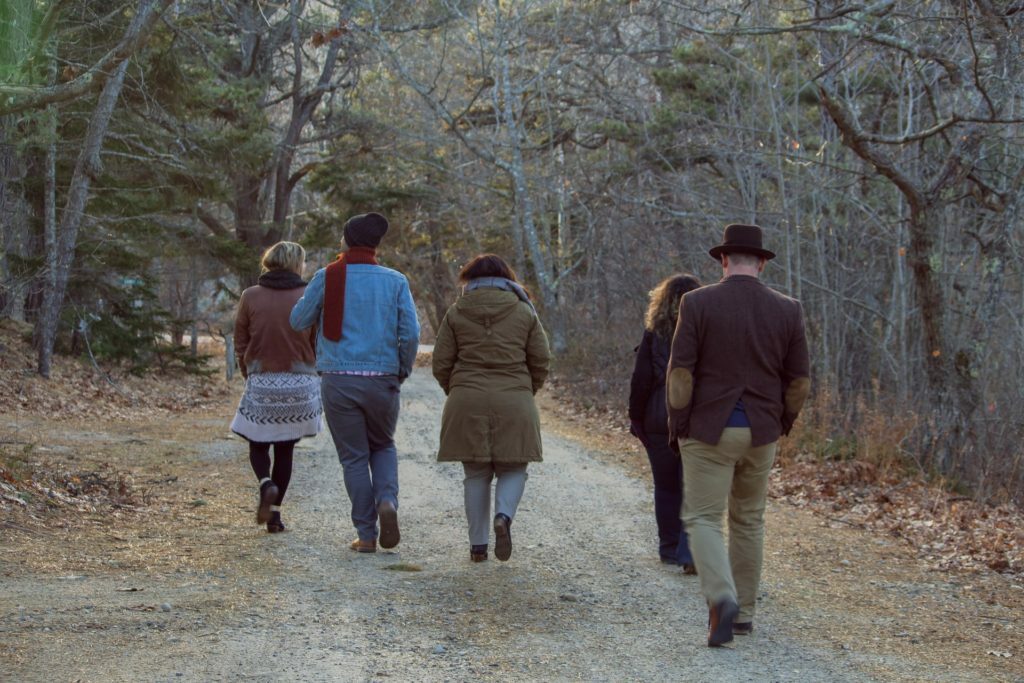 a group of people walking on a path in the woods