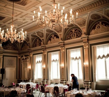 a room with tables and chairs