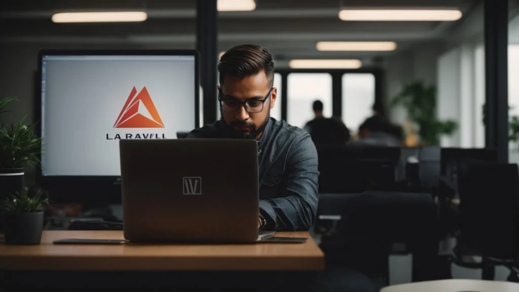 a developer intently focused on a laptop screen, with the laravel logo visible on it, in a clean, well-lit office.