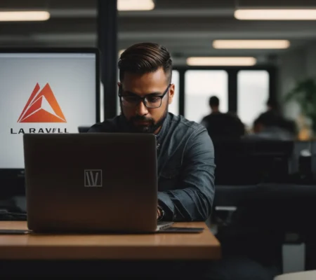 a developer intently focused on a laptop screen, with the laravel logo visible on it, in a clean, well-lit office.