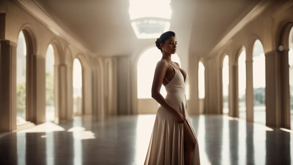 a woman stands tall and poised in a sleek dress, her silhouette elegantly highlighted by the form-fitting shapewear seamlessly contouring beneath.