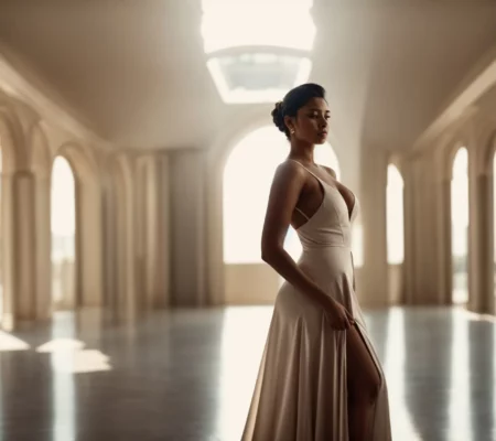a woman stands tall and poised in a sleek dress, her silhouette elegantly highlighted by the form-fitting shapewear seamlessly contouring beneath.