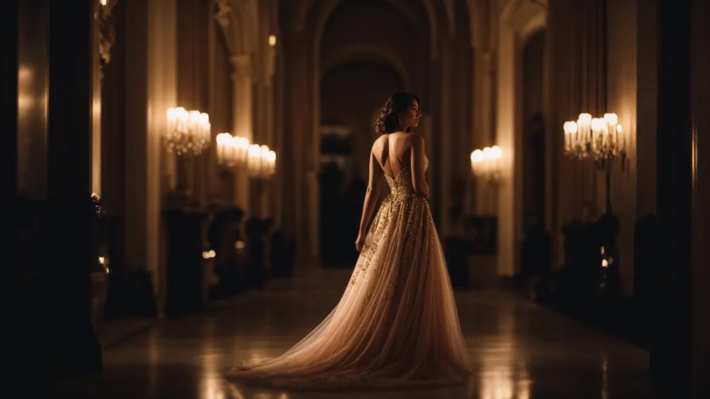 a woman elegantly poses in a flowing evening gown at a luxurious gala venue.