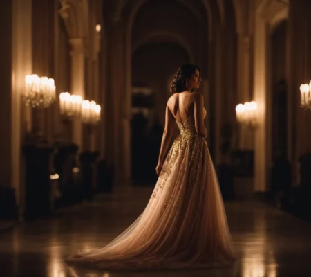 a woman elegantly poses in a flowing evening gown at a luxurious gala venue.