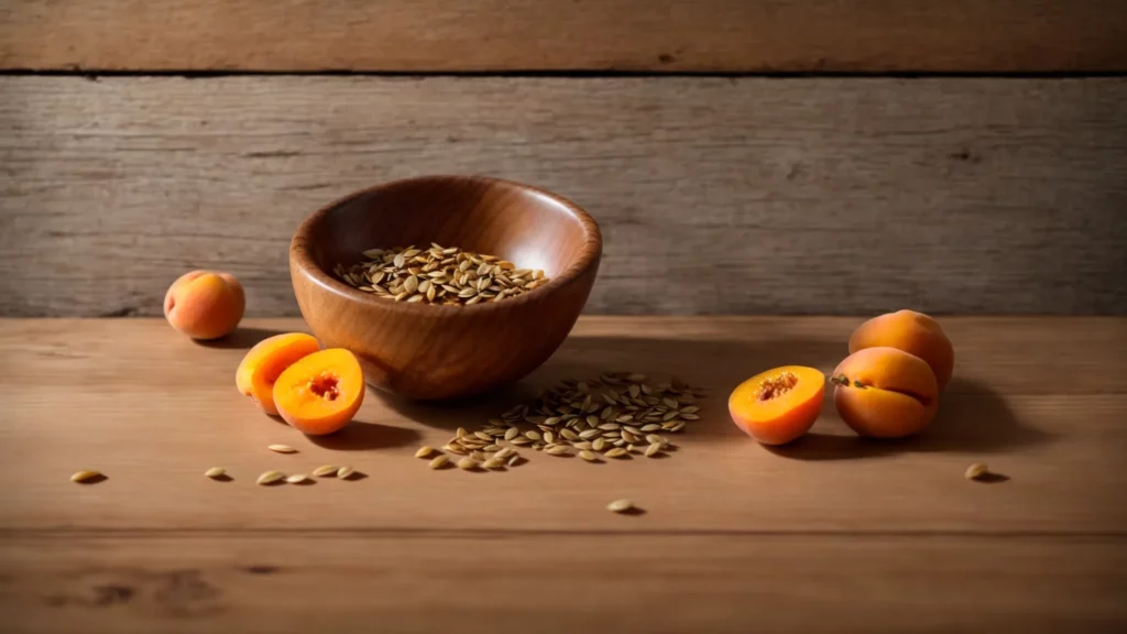 a bowl of organic apricot seeds sits on a wooden table with fresh apricots nearby.