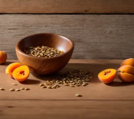 a bowl of organic apricot seeds sits on a wooden table with fresh apricots nearby.
