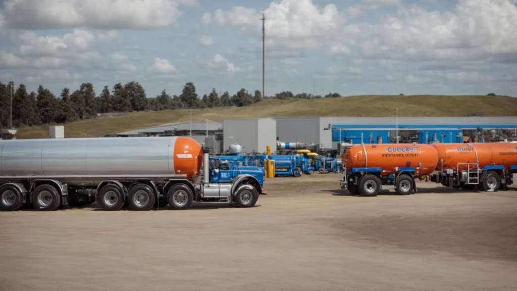 a row of fuel trucks, each marked with a different type of fuel, is parked neatly outside a local fuel supply depot under a clear blue sky.