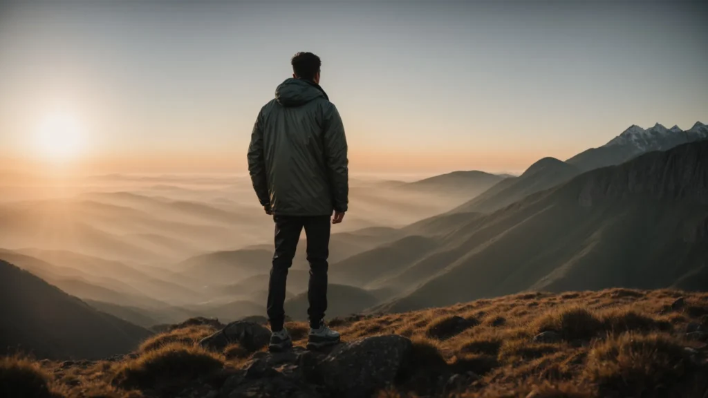 a person stands confidently on a mountain top, looking towards a sunrise that illuminates an expansive view.