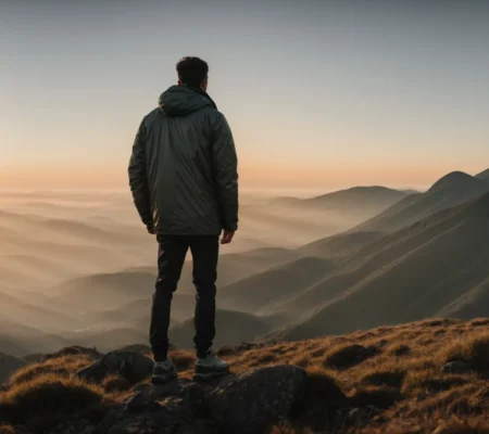 a person stands confidently on a mountain top, looking towards a sunrise that illuminates an expansive view.