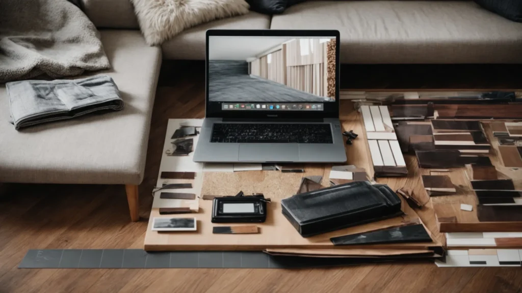 tools and flooring samples spread out on a living room floor, with an open laptop beside them.
