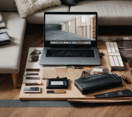 tools and flooring samples spread out on a living room floor, with an open laptop beside them.