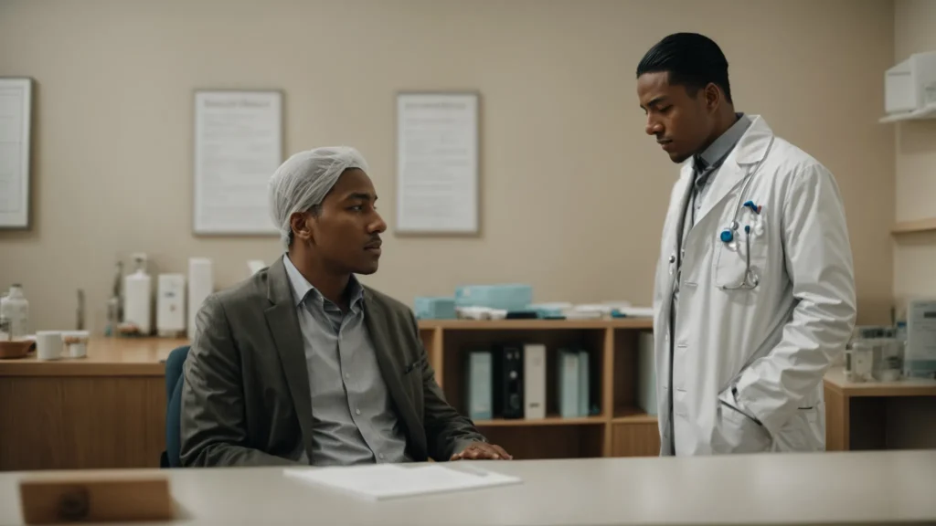 a worried patient consults with a doctor in a medical office.