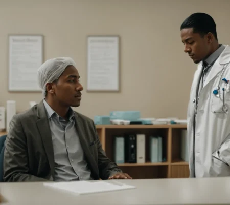 a worried patient consults with a doctor in a medical office.