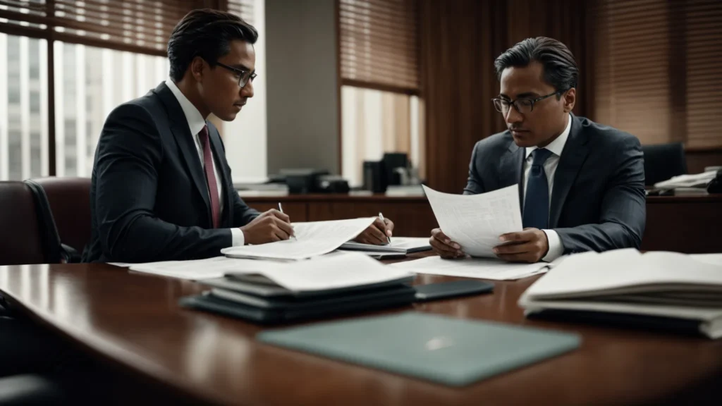 a lawyer and an insurance company representative sit across from each other at a large table, discussing documents.