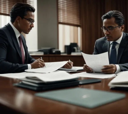 a lawyer and an insurance company representative sit across from each other at a large table, discussing documents.