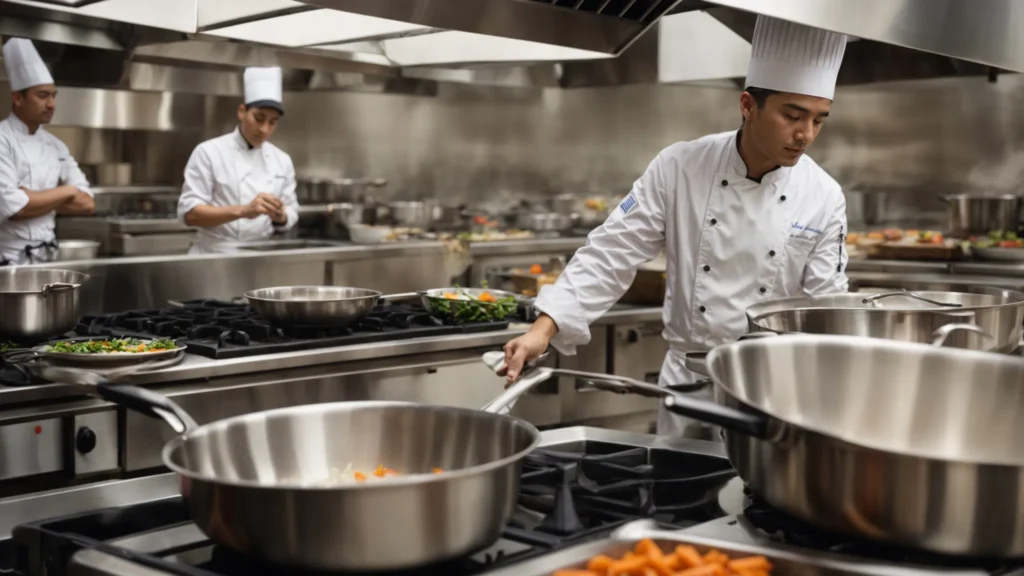a chef in a bustling new york city cooking class demonstrates how to sauté vegetables on a large stainless steel stove.