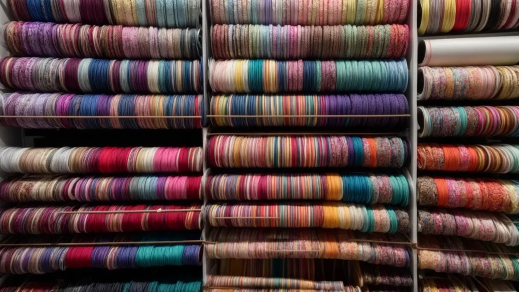 a collection of colorful fabric rolls lined up on a shelf, ready for fashion designers to create new garments.