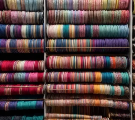 a collection of colorful fabric rolls lined up on a shelf, ready for fashion designers to create new garments.
