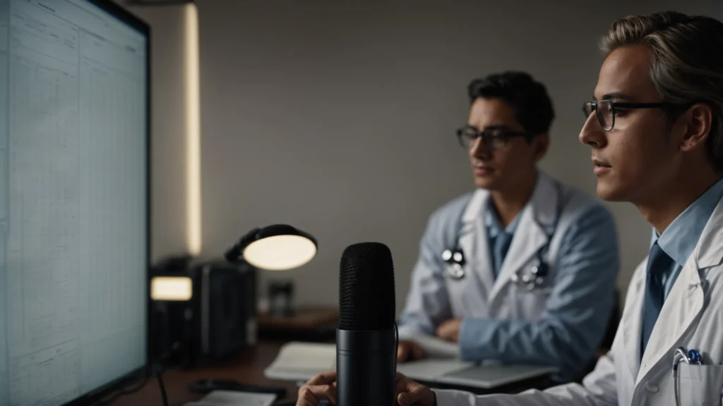 a doctor speaks into a microphone as a computer screen displays a complex medical chart in an office.