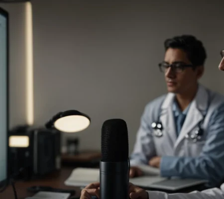 a doctor speaks into a microphone as a computer screen displays a complex medical chart in an office.
