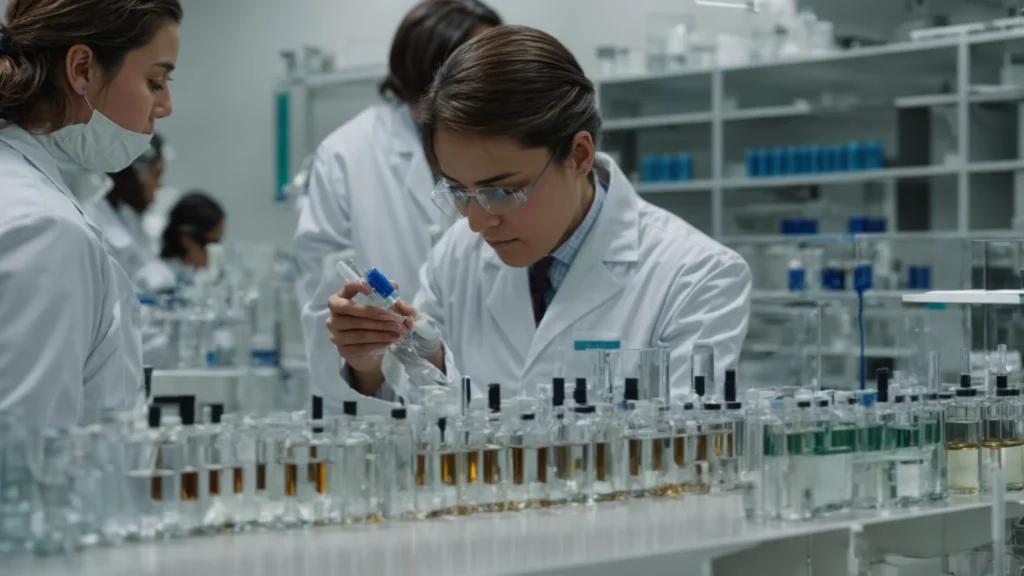scientists in a laboratory inspecting vials of peptides.