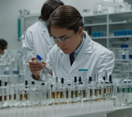 scientists in a laboratory inspecting vials of peptides.