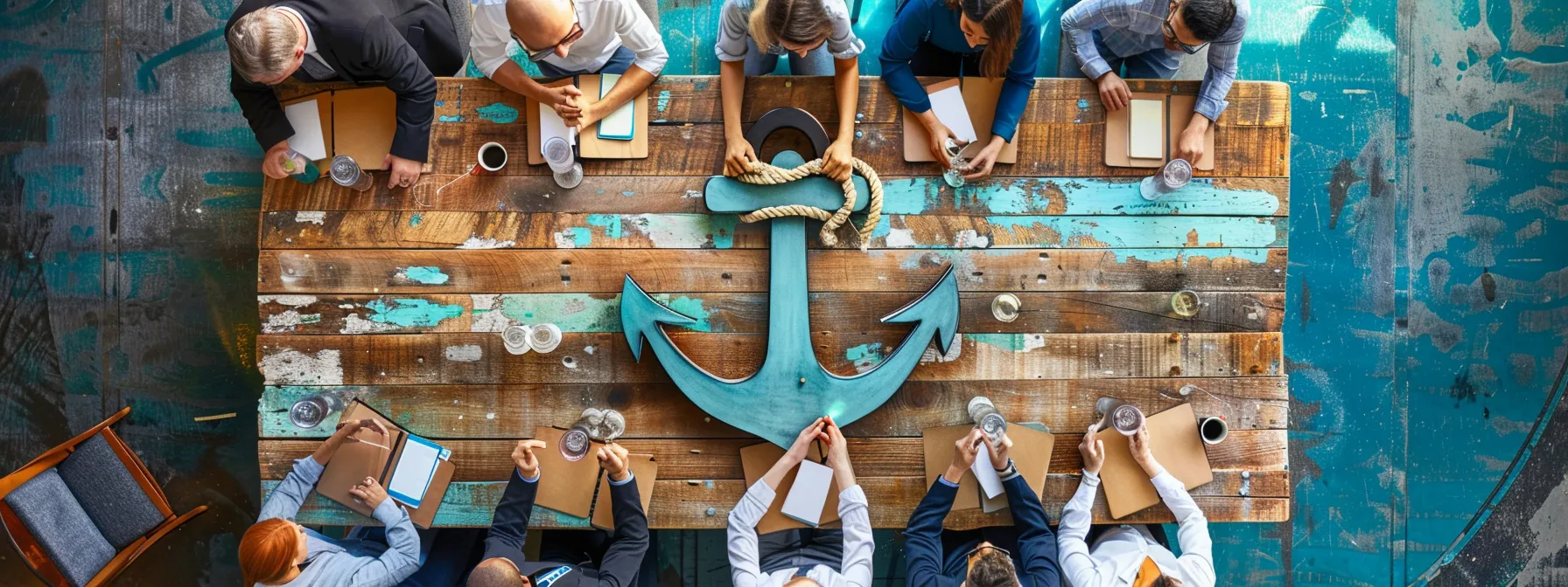 a group of professionals at a conference table with a large anchor representing seo for assisted living communities.