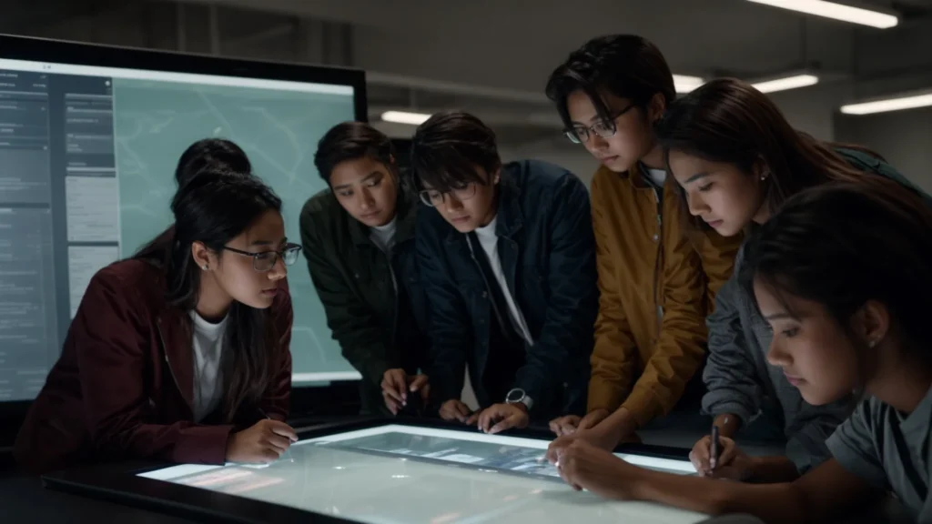 a group of students gather around a large touchscreen monitor, actively discussing and interacting with an educational software.