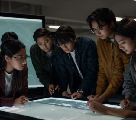 a group of students gather around a large touchscreen monitor, actively discussing and interacting with an educational software.