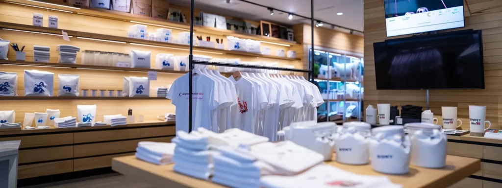 a professional business setting with nurse-themed merchandise like t-shirts, mugs, and tote bags displayed with personalized designs, showcasing the use of advanced printing techniques for customization.