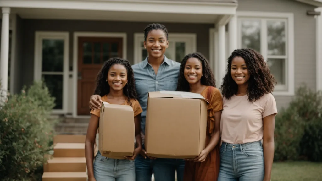 a cheerful family stands in front of their new house with moving boxes around them.