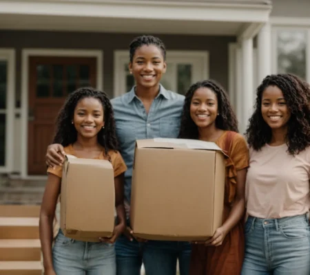 a cheerful family stands in front of their new house with moving boxes around them.